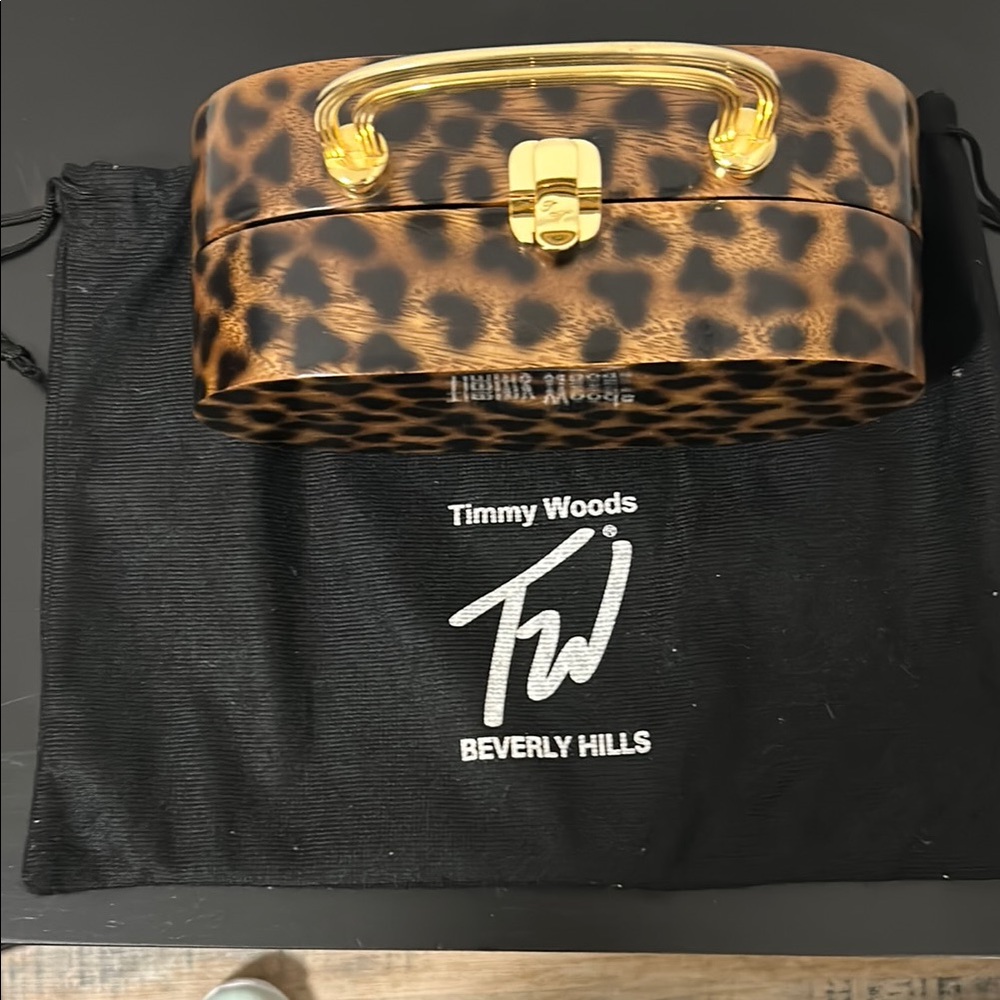 Timmy Woods Leopard Print Hardcase Clutch with Gold Hardware